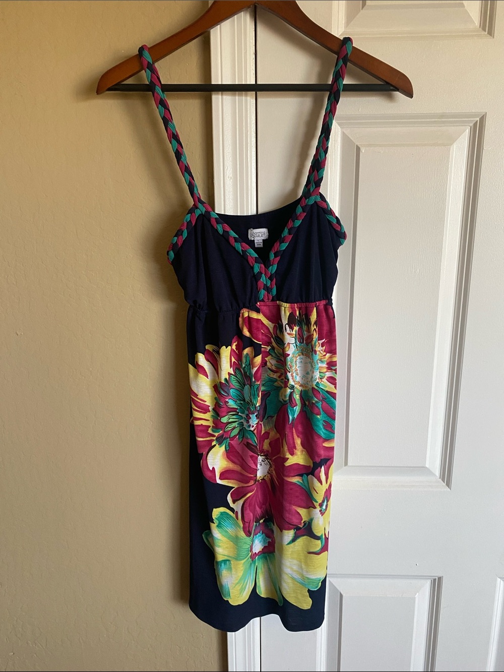 Charming Charlie L Floral Mini Dress Braided Straps Boho Stretch Waist